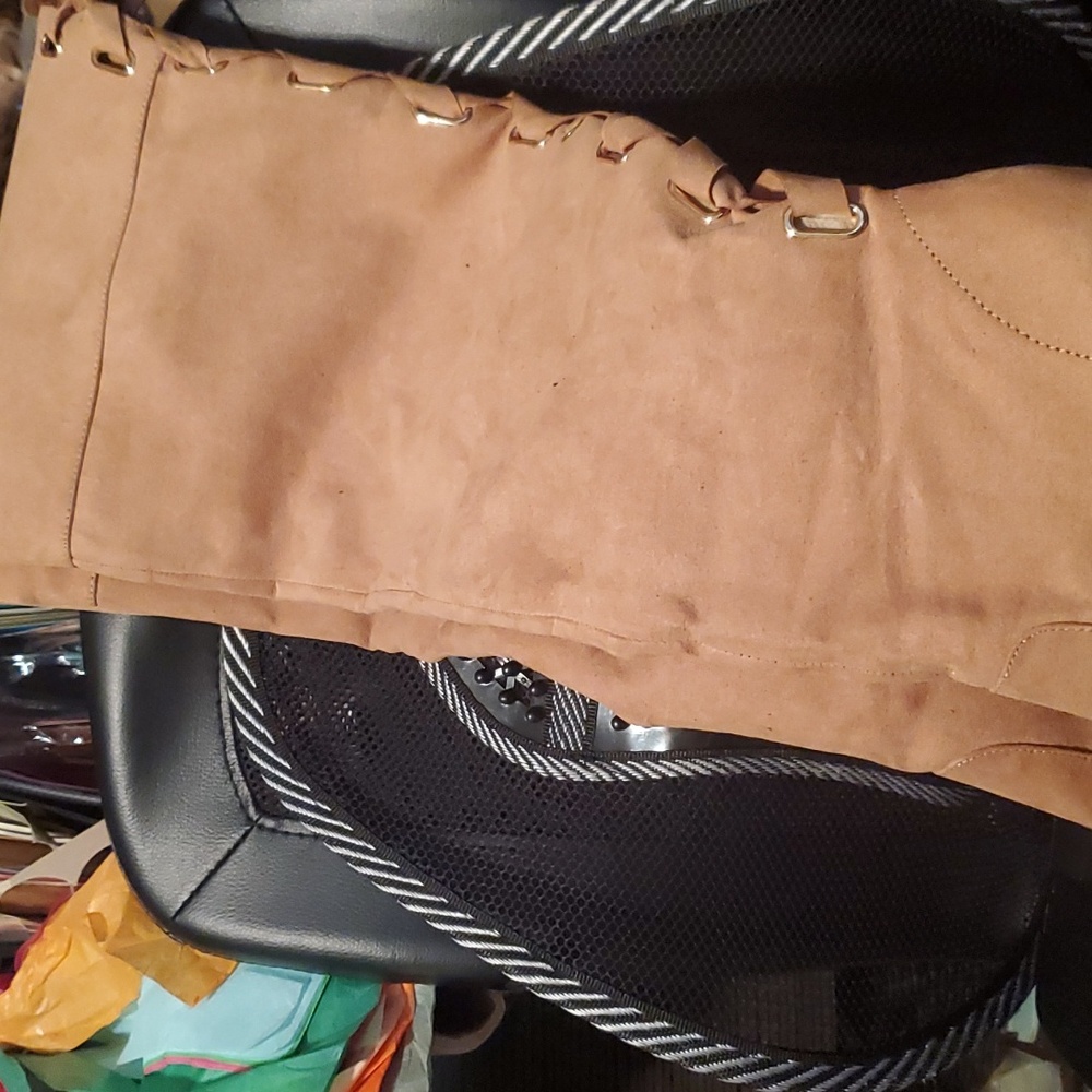 Jannellea Brand cranberry colored thigh high, laced platform stilletto boot.